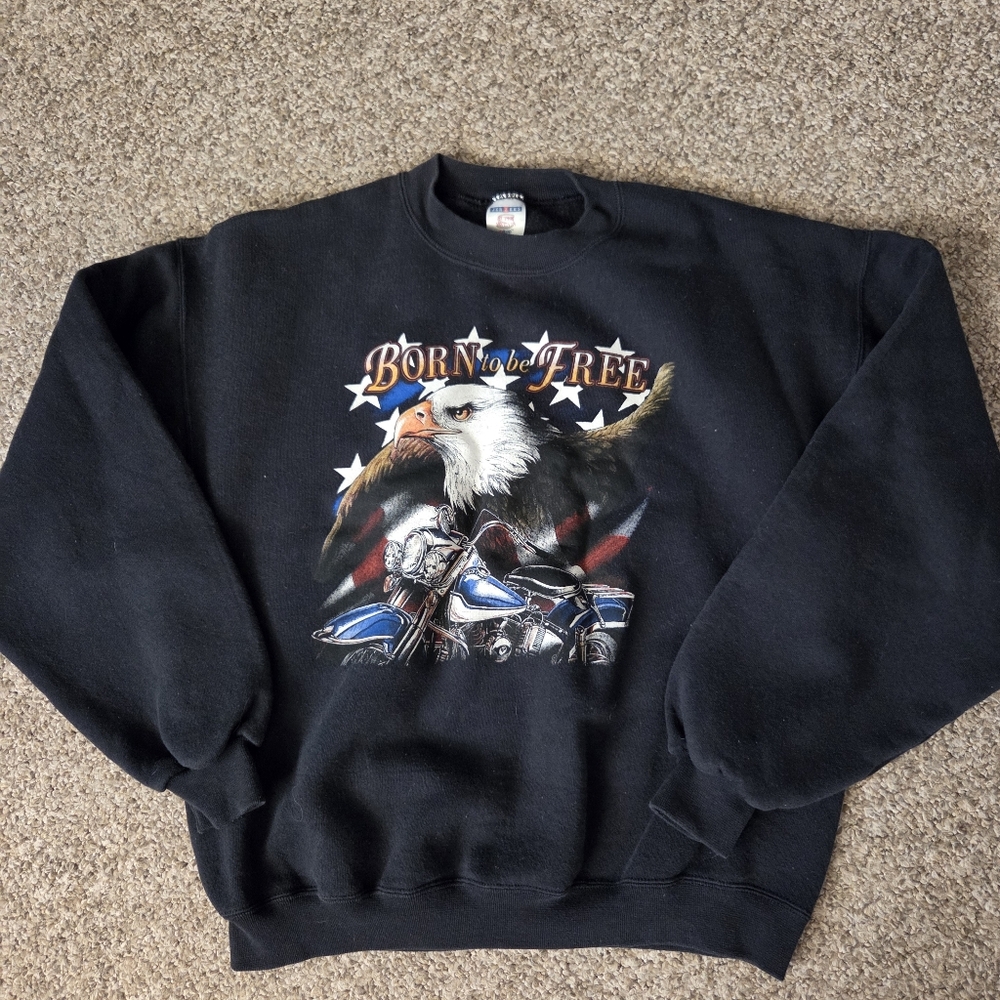 VTG Motorcycle Biker Sweatshirt Born to Be Free Bald‎ Eagle Flag Large Black